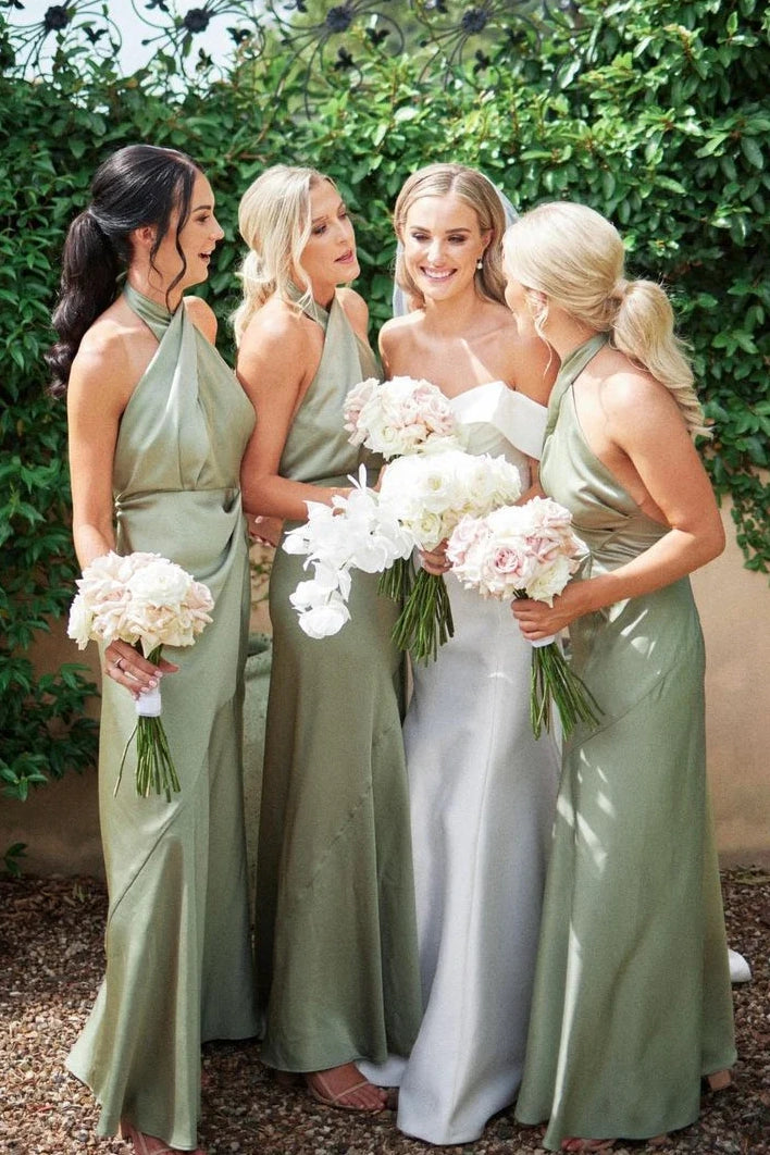 Dusty Sage Halter Backless Satin Long Bridesmaid Dress – Movousdress