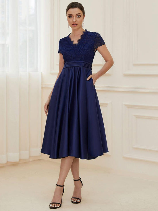 Elegant A-Line Empire Two Tone V-Neck Short Sleeves Wedding Guest Dres –  Movousdress