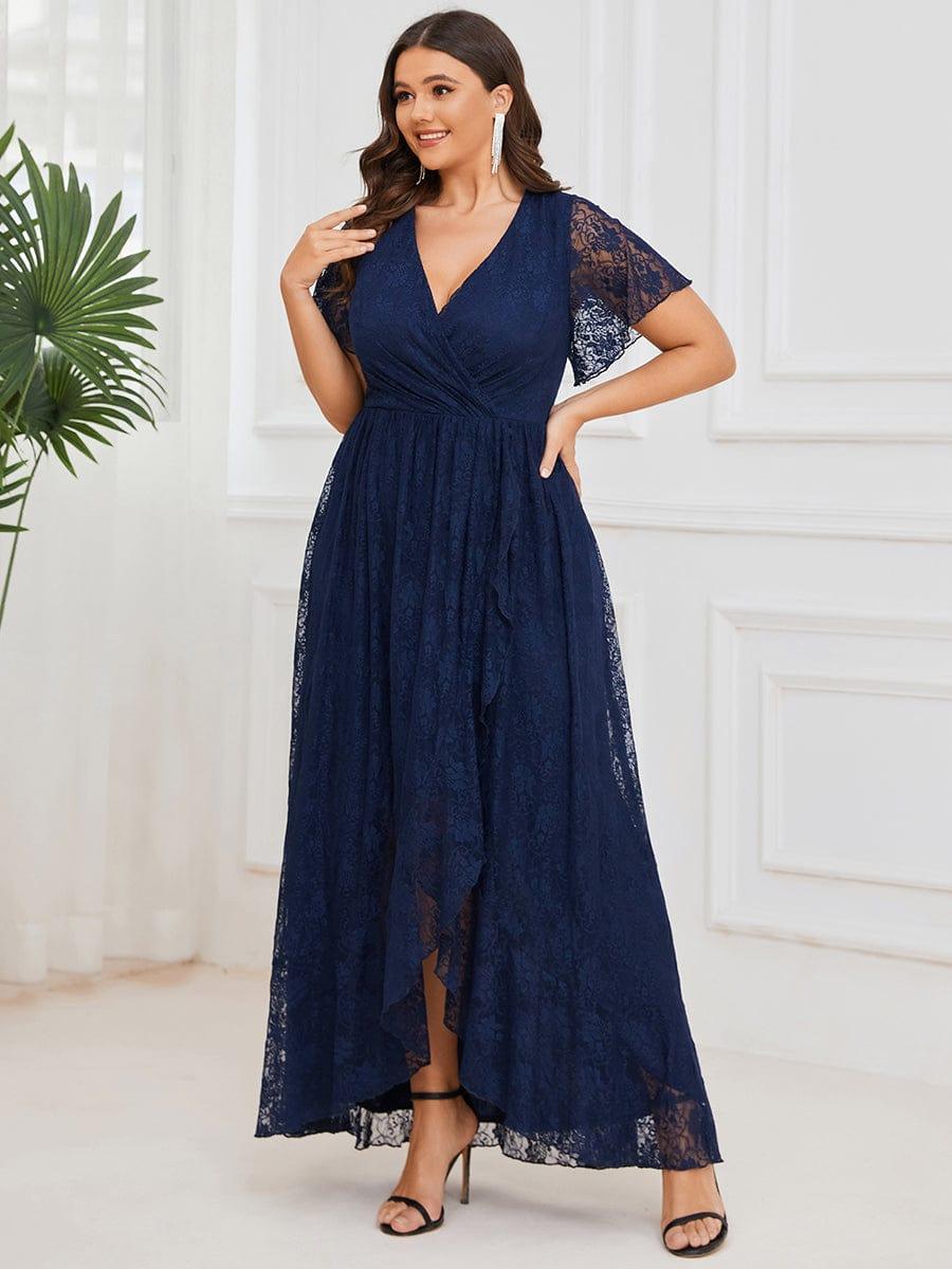 Lace A-Line V-Neck Bell Sleeves High Low Formal Evening Dress