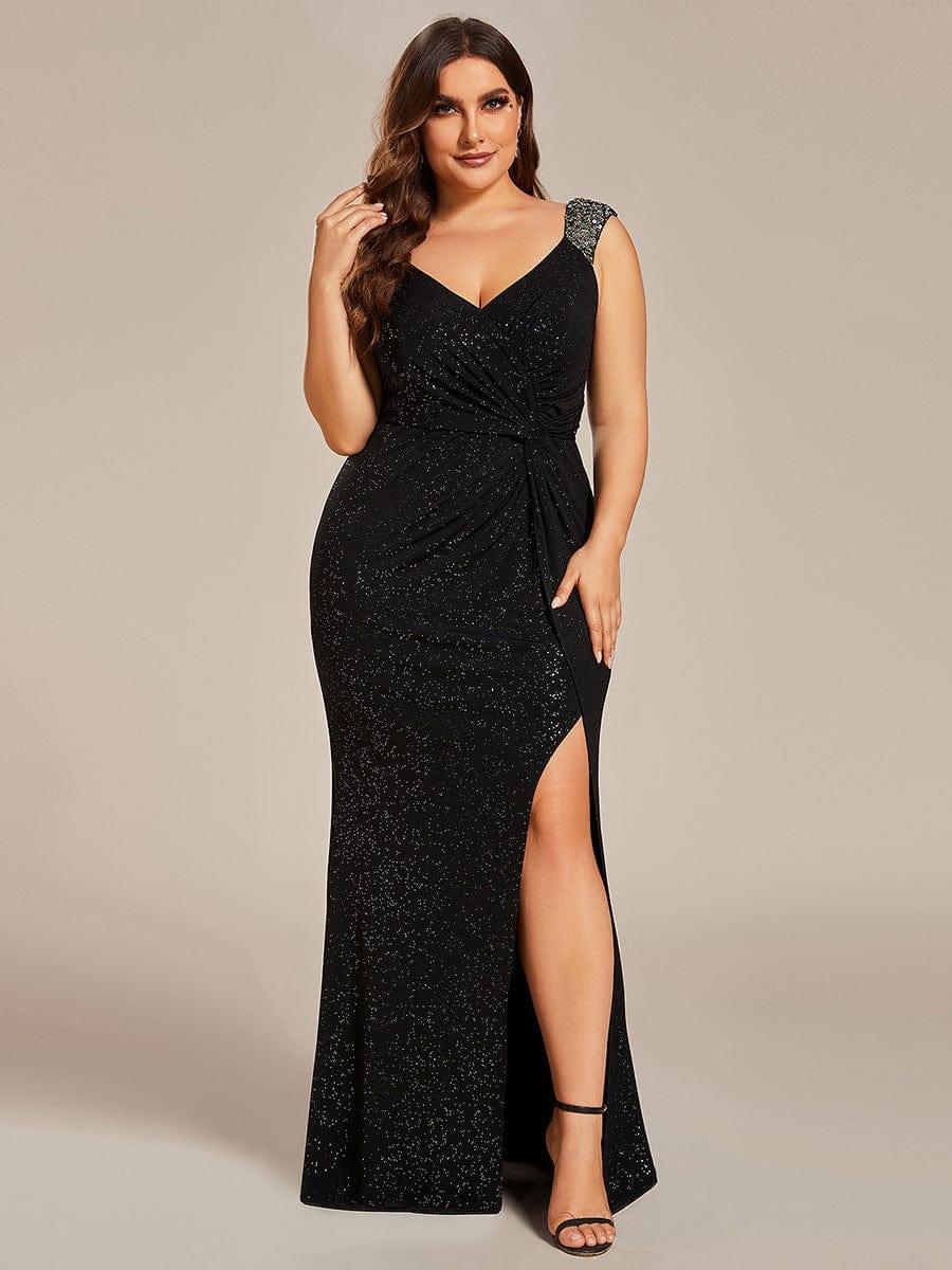 Mermaid V-Neck Beaded Straps Satin Evening Dress With Slit