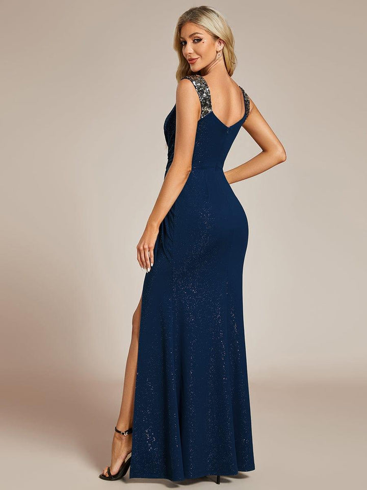 Glitter Satin Empire Beaded Straps Long Evening Dress With Slit