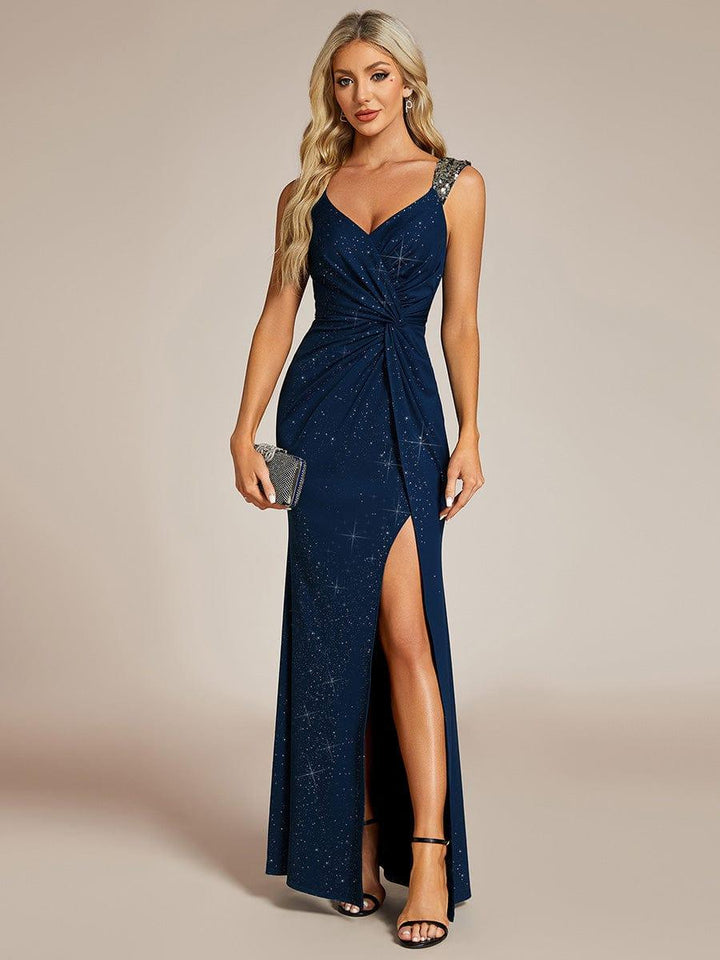 Glitter Satin Empire Beaded Straps Long Evening Dress With Slit