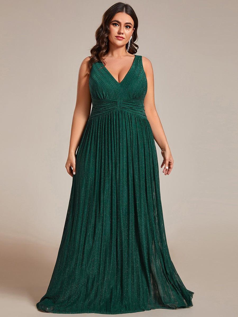 Plus Size A-Line Low V-Neck Sleeveless Sparkly Formal Evening Dress
