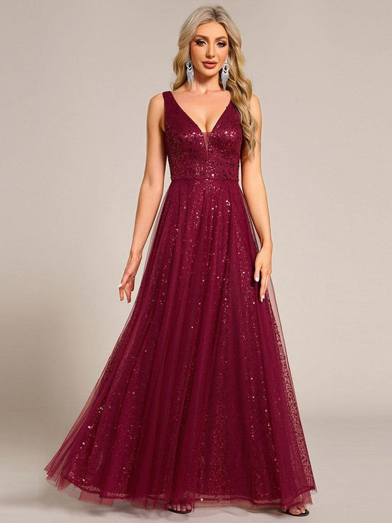 Sparkly A-Line V-Neck Sleeveless Sequins Tulle Evening Dress