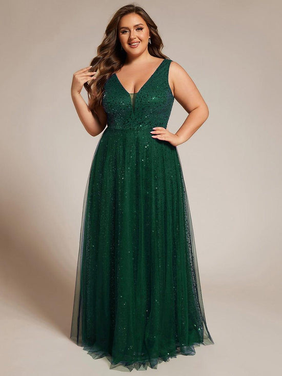 Sparkly A-Line V-Neck Sleeveless Sequins Tulle Evening Dress