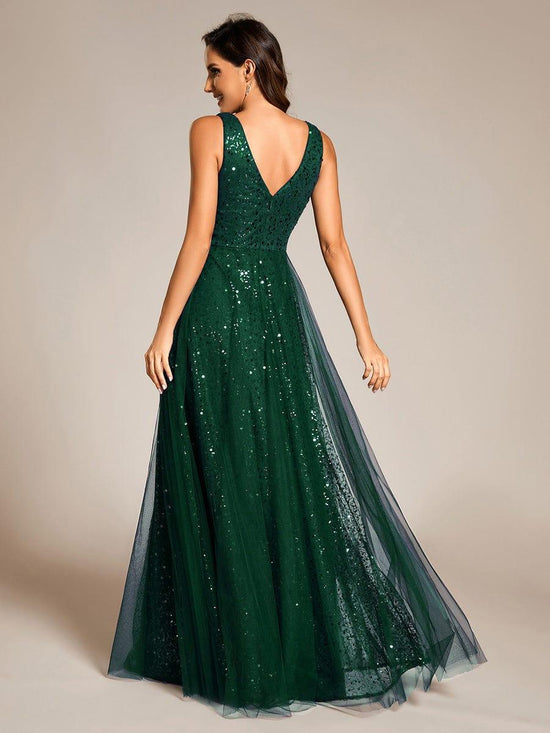 Sparkly A-Line V-Neck Sleeveless Sequins Tulle Evening Dress