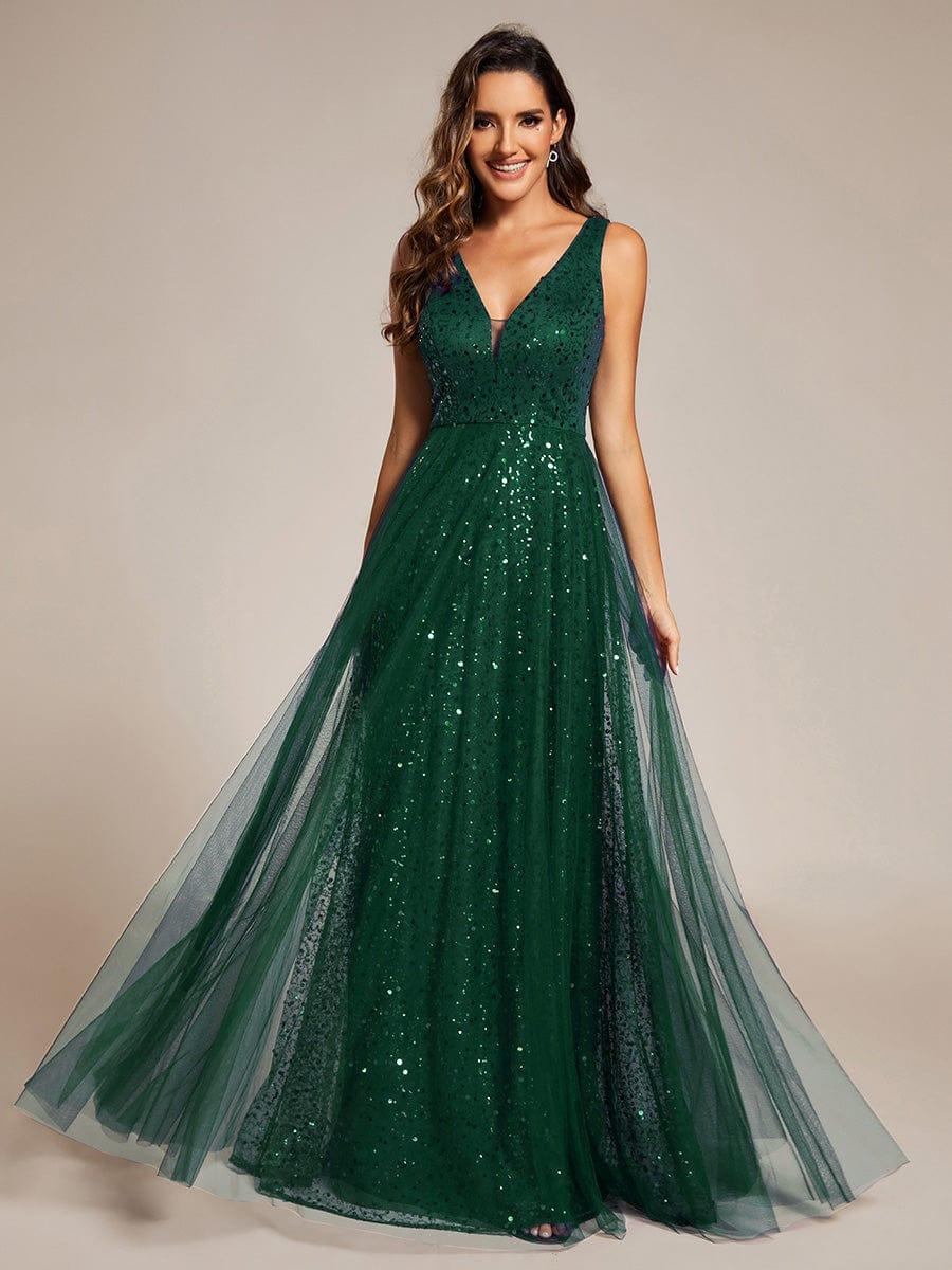Sparkly A-Line V-Neck Sleeveless Sequins Tulle Evening Dress