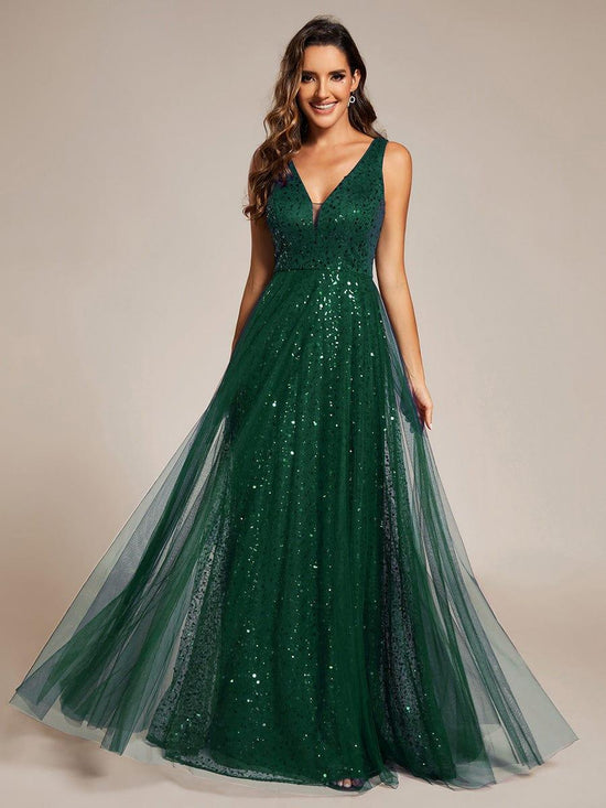 Sparkly A-Line V-Neck Sleeveless Sequins Tulle Evening Dress