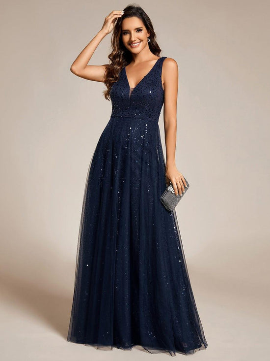 Sparkly A-Line V-Neck Sleeveless Sequins Tulle Evening Dress