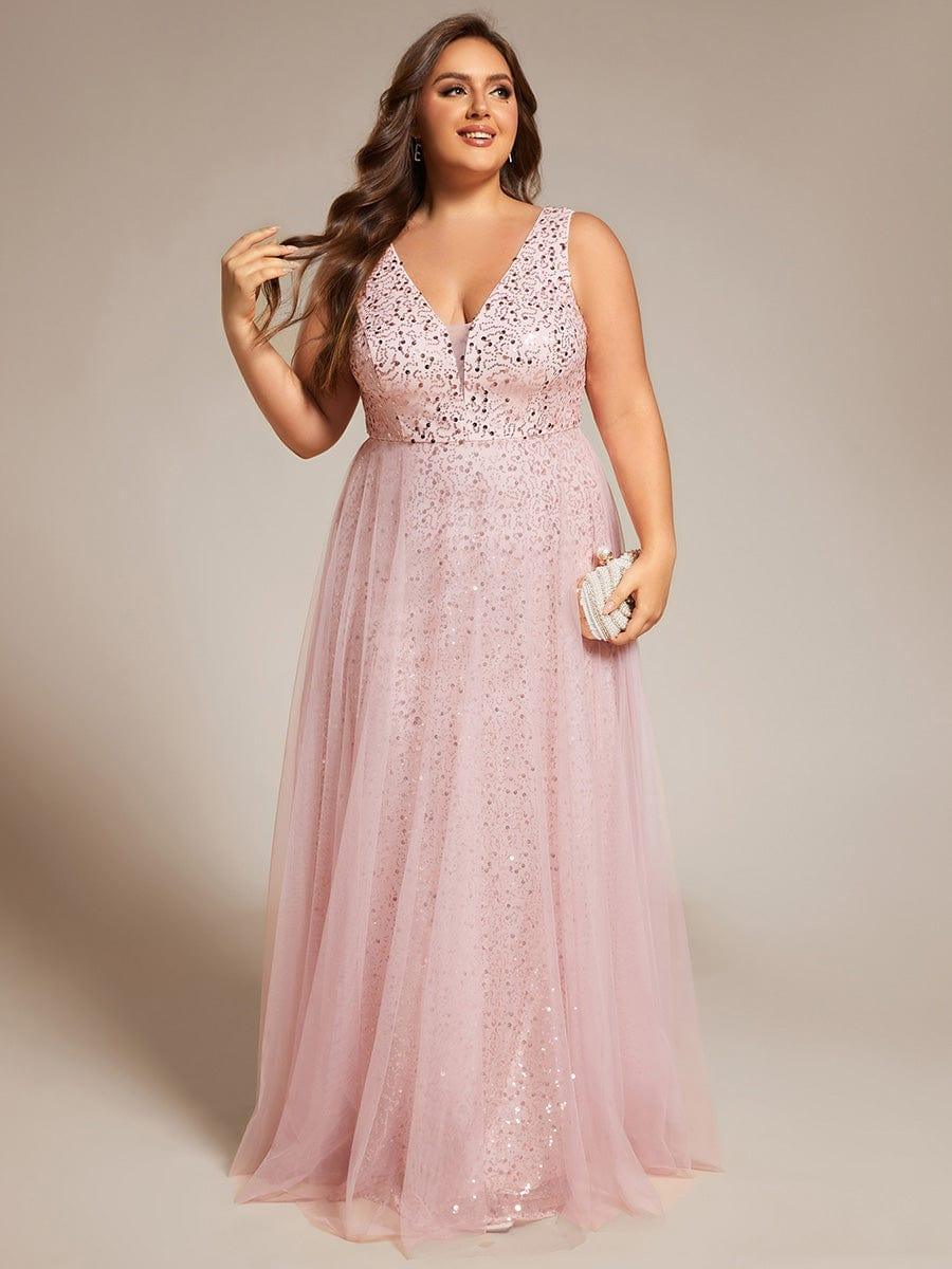 Sparkly A-Line V-Neck Sleeveless Sequins Tulle Evening Dress