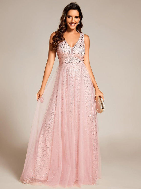 Sparkly A-Line V-Neck Sleeveless Sequins Tulle Evening Dress