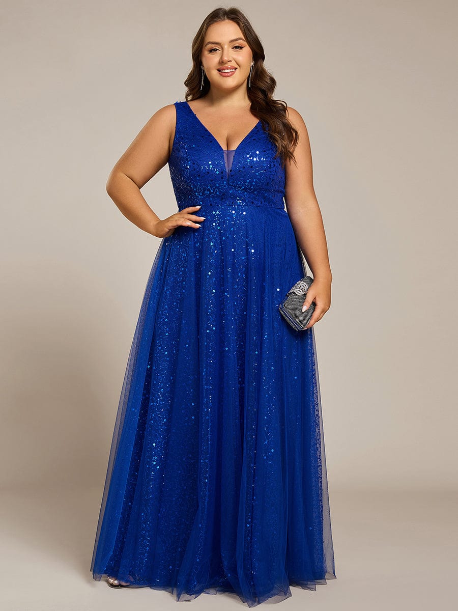 Sparkly A-Line V-Neck Sleeveless Sequins Tulle Evening Dress