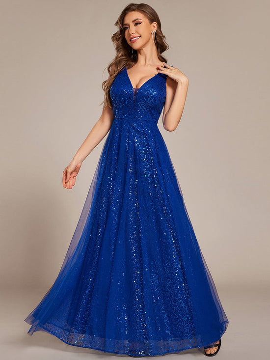 Sparkly A-Line V-Neck Sleeveless Sequins Tulle Evening Dress