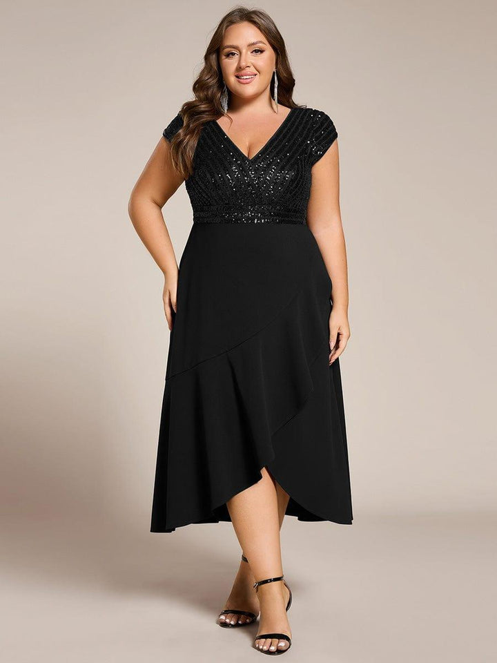 V-Neck Cap Sleeves A-Line Plus Size Midi Formal Dress
