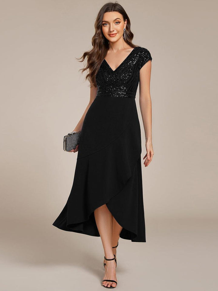 Two Tone A-Line Cap Sleeves V-Neck Empire Formal Dress