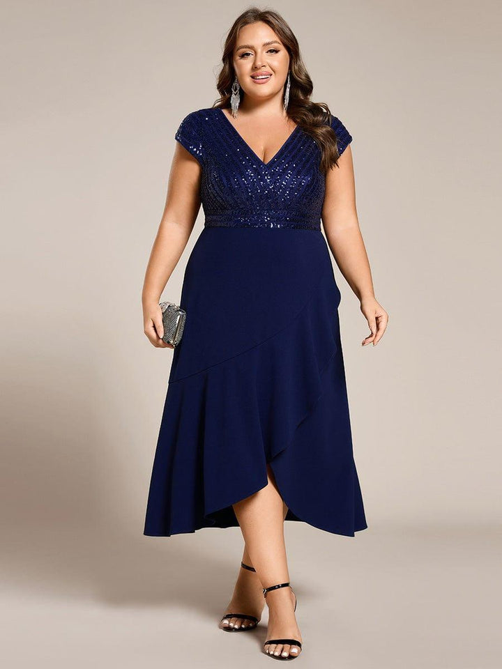 V-Neck Cap Sleeves A-Line Plus Size Midi Formal Dress