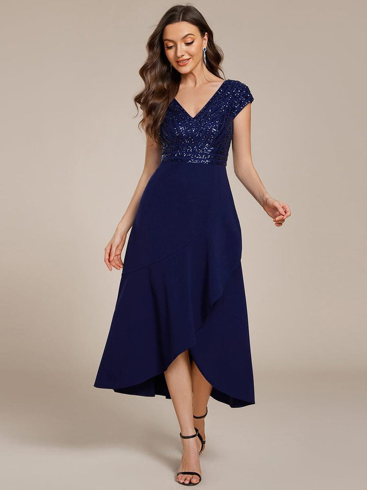 Two Tone A-Line Cap Sleeves V-Neck Empire Formal Dress