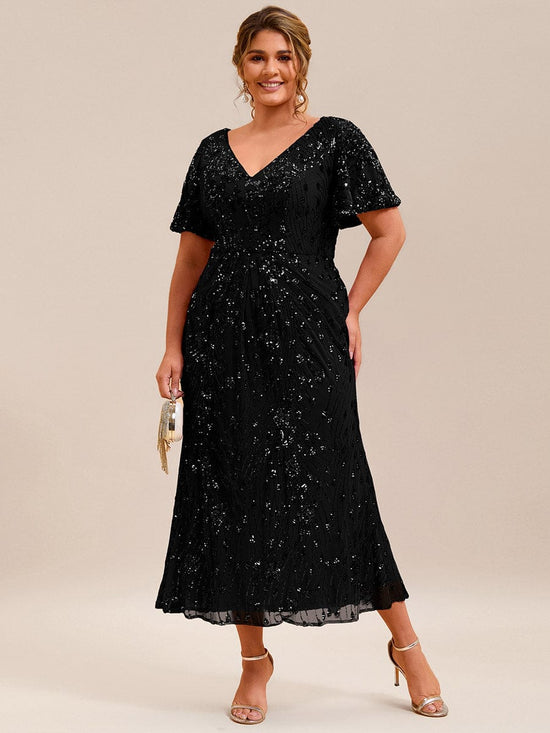V-Neck Short Sleeves Sequins Appliques Midi Wedding Guest Dress