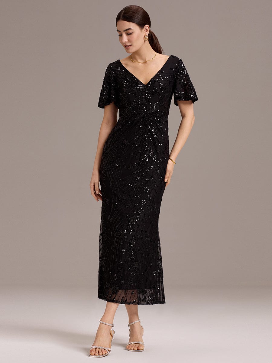 V-Neck Short Sleeves Sequins Appliques Midi Wedding Guest Dress