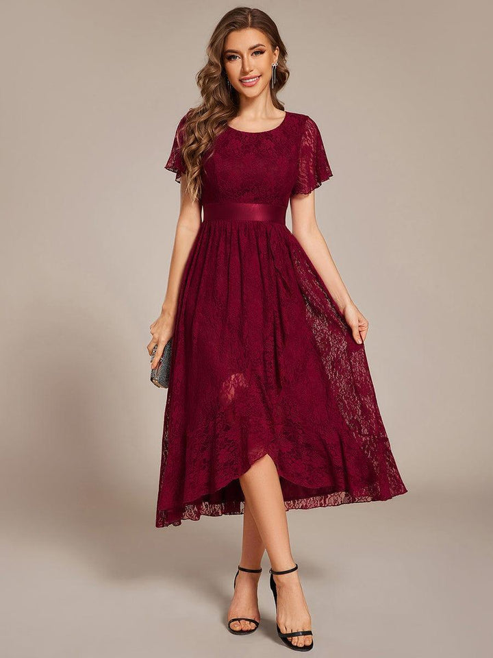 Lace A-Line Scoop Short Sleeves Midi Formal Dress