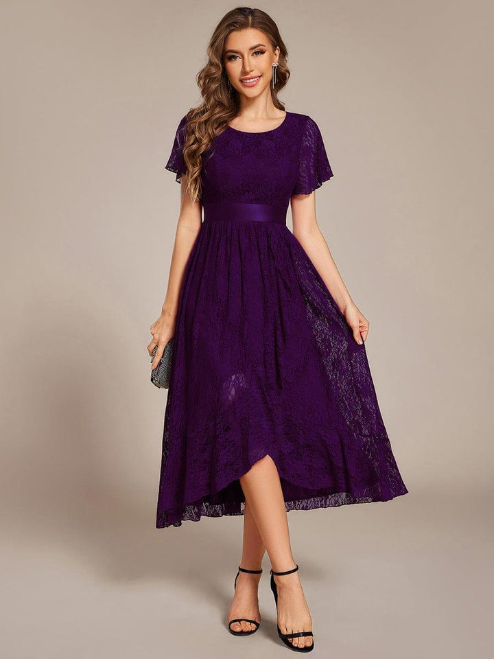 Lace A-Line Scoop Short Sleeves Midi Formal Dress