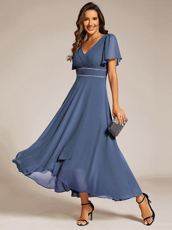 Chic Chiffon A-Line V-Neck Short Sleeves Formal Evening Dress