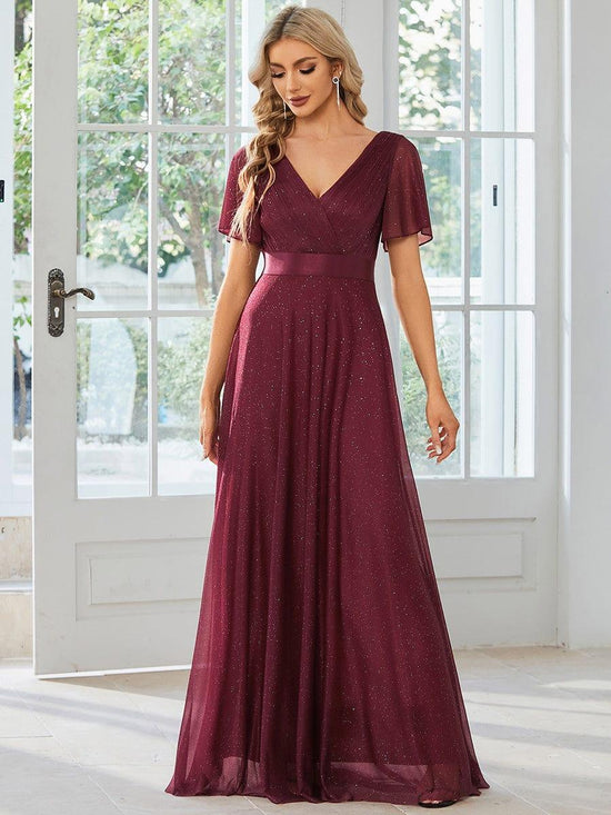 Glitter Chiffon A-Line V-Neck Short Sleeves Bridesmaid Dress