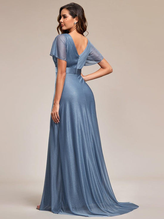Glitter Chiffon A-Line V-Neck Short Sleeves Bridesmaid Dress