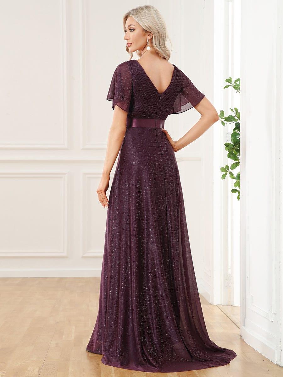 Glitter Chiffon A-Line V-Neck Short Sleeves Bridesmaid Dress