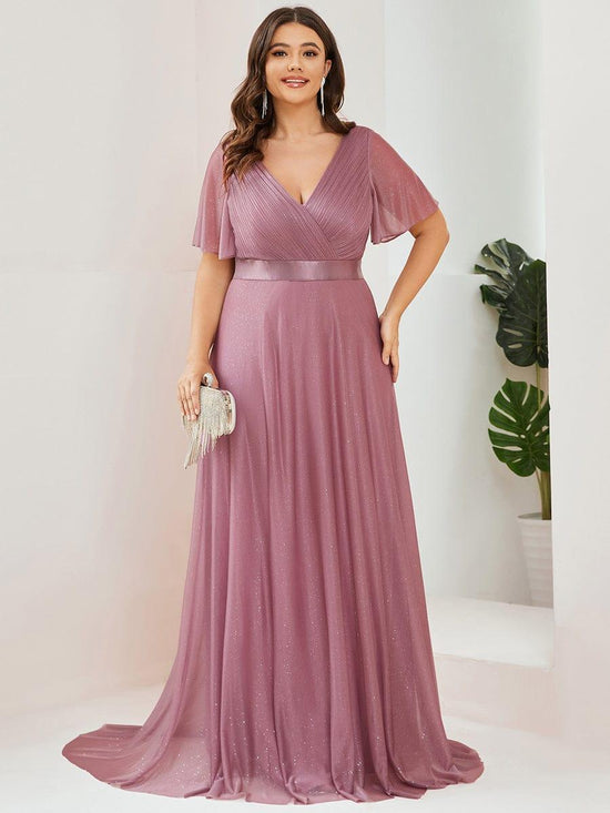 Glitter Chiffon A-Line V-Neck Short Sleeves Bridesmaid Dress