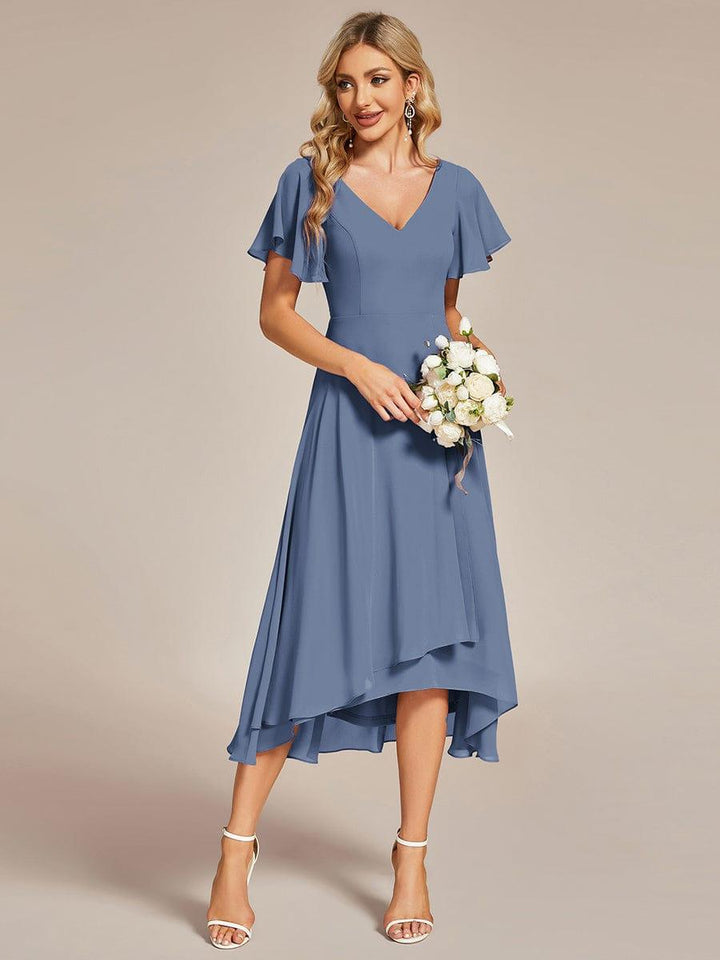 Midi Chiffon A-Line V-Neck Bell Sleeves Bridesmaid Dress