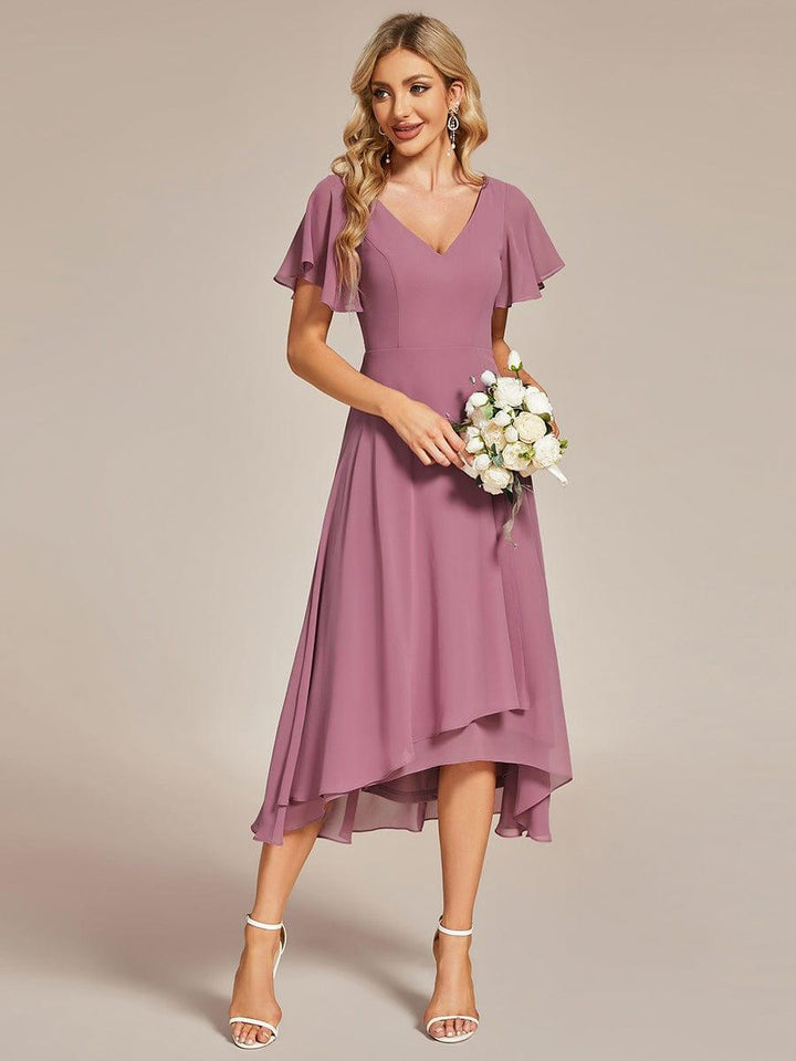 Midi Chiffon A-Line V-Neck Bell Sleeves Bridesmaid Dress