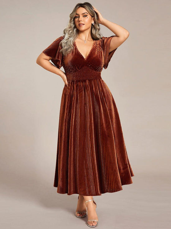 Velvet A-Line V-Neck Bell Sleeves Empire Wedding Guest Dress  Movousdress