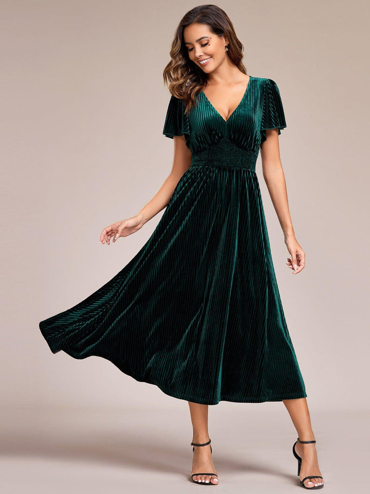 Velvet A-Line V-Neck Short Sleeves Midi Wedding Guest Dress