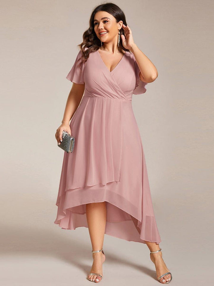 V-Neck Ruffle Sleeves Chiffon A-Line Wedding Guest Dress