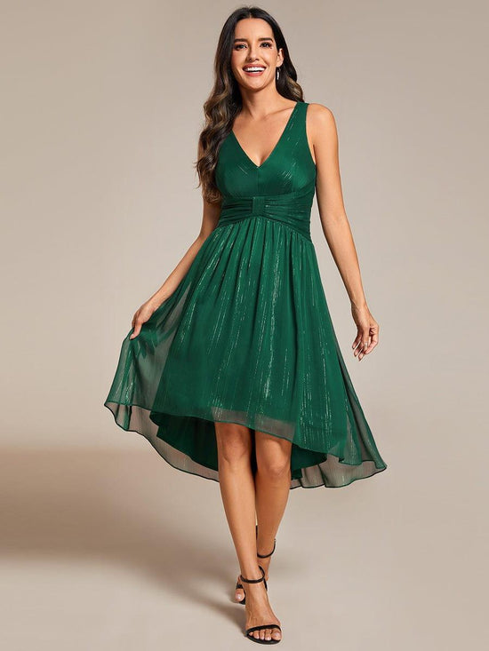A-Line V-Neck Sleeveless High Low Chic Wedding Guest Dress