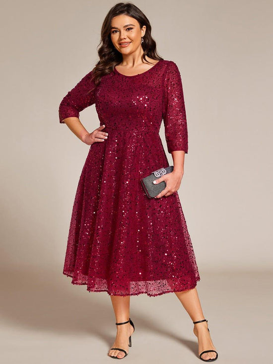 Quarter Sleeves A-Line Empire Sequins Midi Wedding Guest Dress