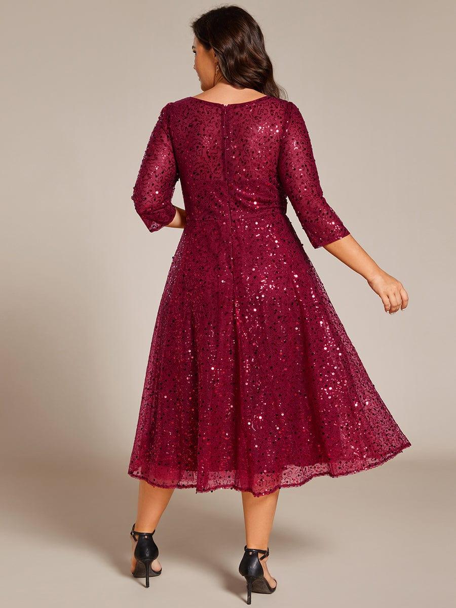 Quarter Sleeves A-Line Empire Sequins Midi Wedding Guest Dress
