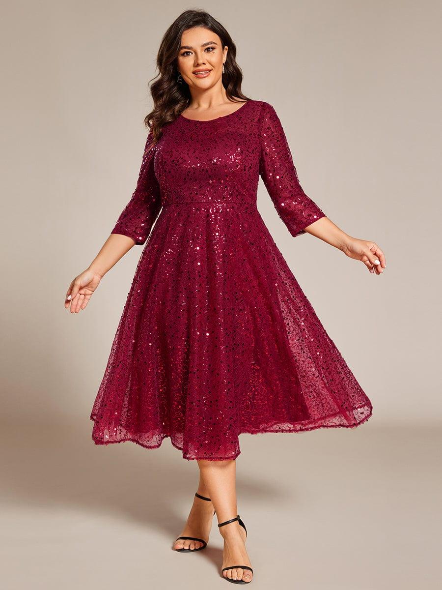 Sparkly Round Quarter Sleeves A-Line Sequins Wedding Guest Dress