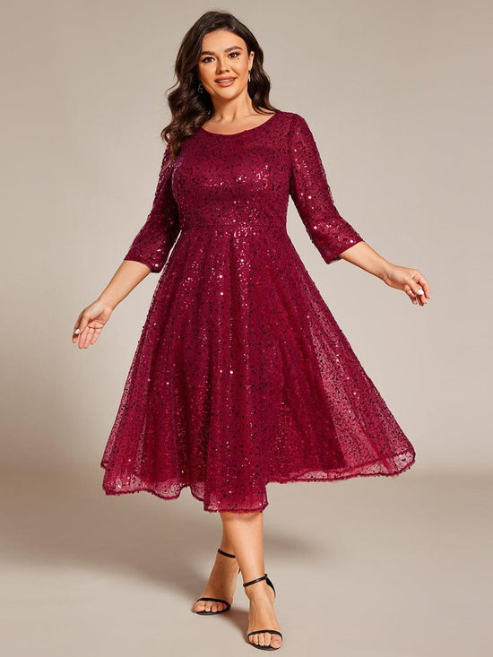 Sparkly Round Quarter Sleeves A-Line Sequins Wedding Guest Dress