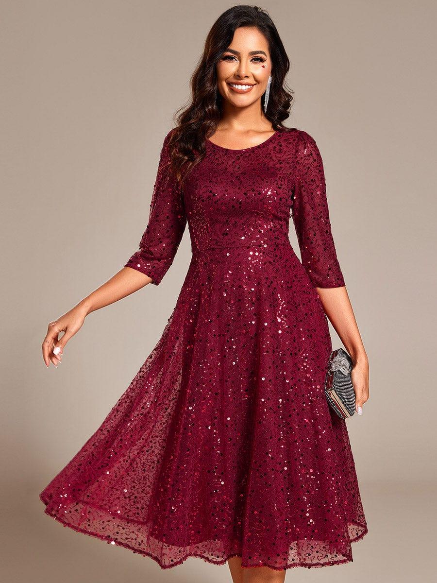 Sparkly Round Quarter Sleeves A-Line Sequins Wedding Guest Dress