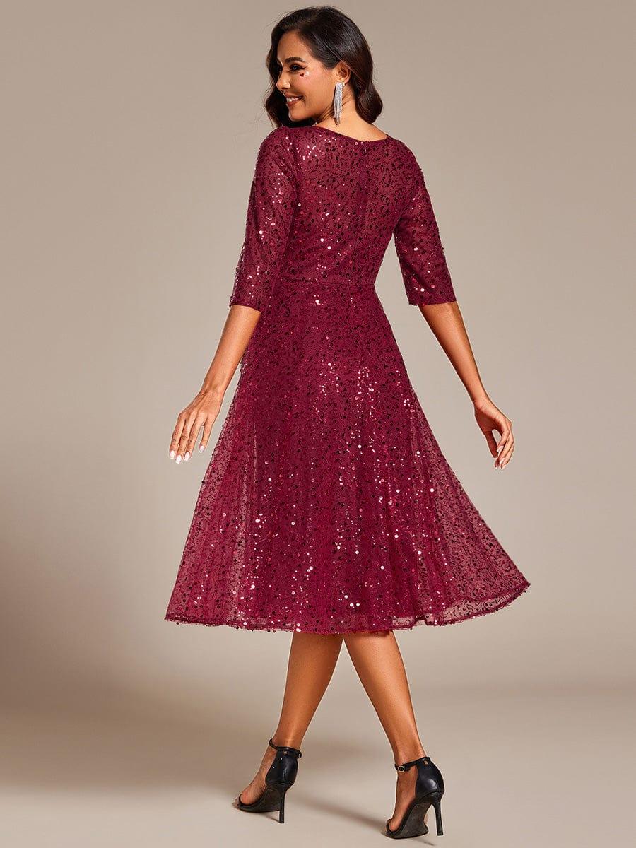 Sparkly Round Quarter Sleeves A-Line Sequins Wedding Guest Dress