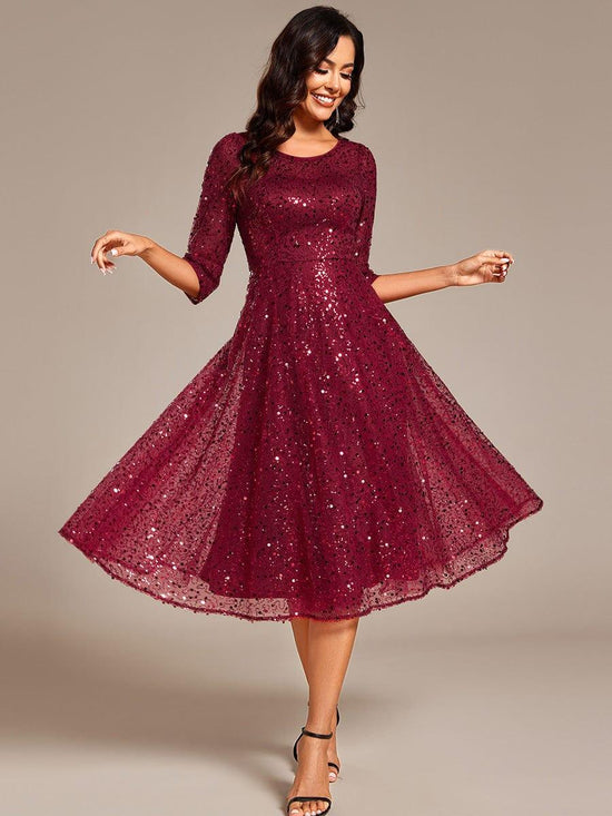 Sparkly Round Quarter Sleeves A-Line Sequins Wedding Guest Dress