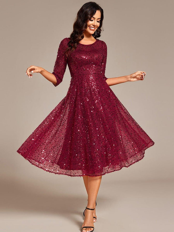 Sparkly Round Quarter Sleeves A-Line Sequins Wedding Guest Dress