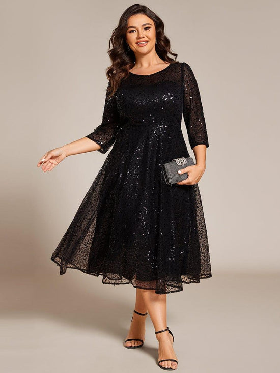 Sparkly Round Quarter Sleeves A-Line Sequins Wedding Guest Dress