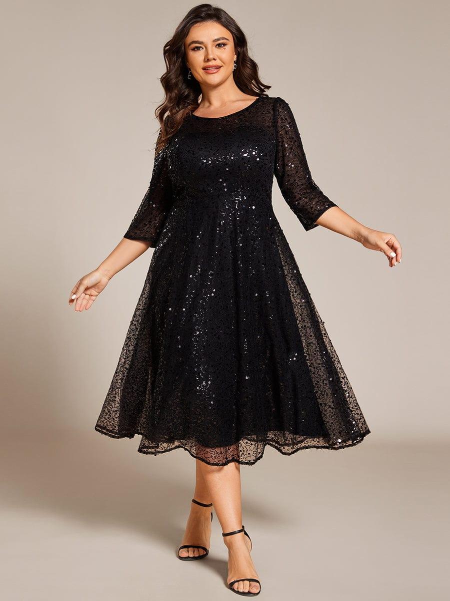 Quarter Sleeves A-Line Empire Sequins Midi Wedding Guest Dress