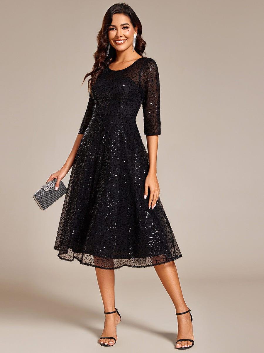Sparkly Round Quarter Sleeves A-Line Sequins Wedding Guest Dress