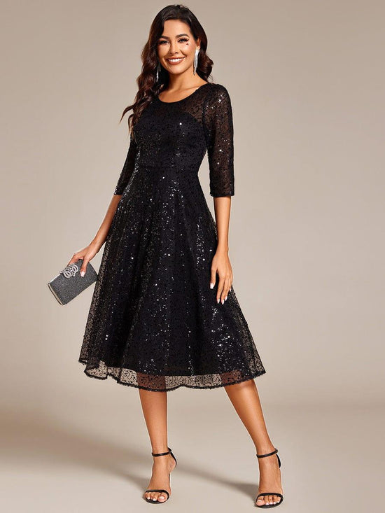 Sparkly Round Quarter Sleeves A-Line Sequins Wedding Guest Dress