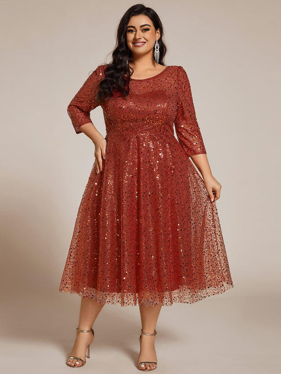 Sparkly Round Quarter Sleeves A-Line Sequins Wedding Guest Dress