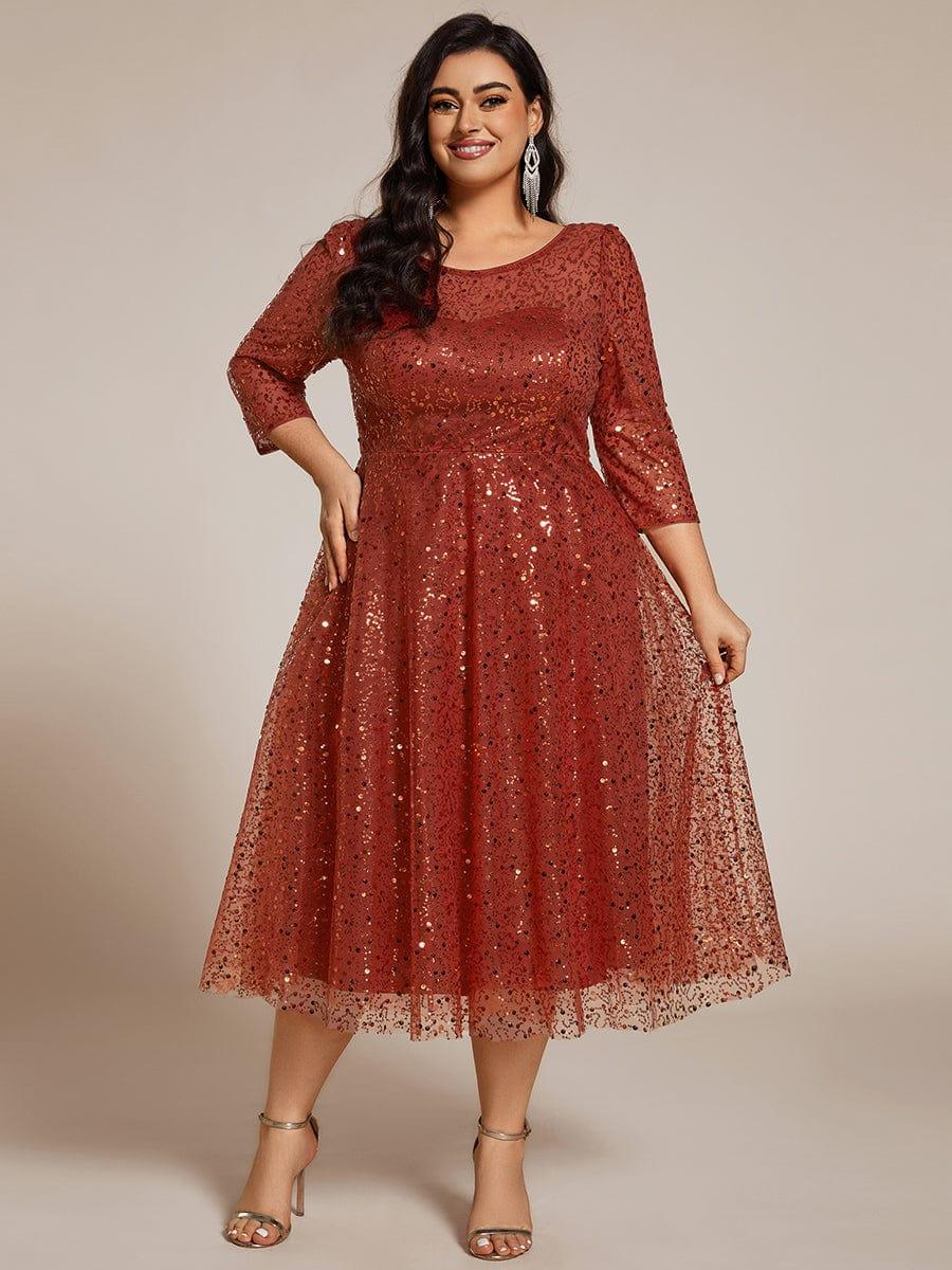 Quarter Sleeves A-Line Empire Sequins Midi Wedding Guest Dress